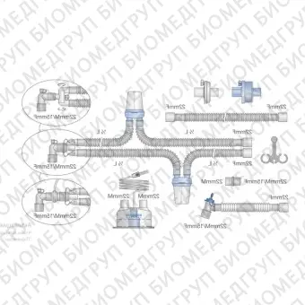 Контур дыхательный для ИВЛ гофрированный ?22 мм 160 см с 2мя влагосборниками, фильтром, коннектором угловым конфигурируемым с портом для бронхоскопии  Mederen